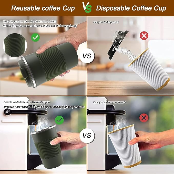 YINBAOGE Insulated Travel Coffee Mug, Spill & Leak Proof, Portable To Go Camping Stainless Steel Coffee Tumbler, Reusable Thermal Coffee Cup with Lid for Hot & Cold Drinks (Green, 12 OZ) - Image 5