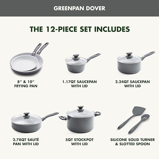 GreenPan Dover Healthy Ceramic Nonstick, 12 Piece Cookware Pots and Pans Set - Image 3