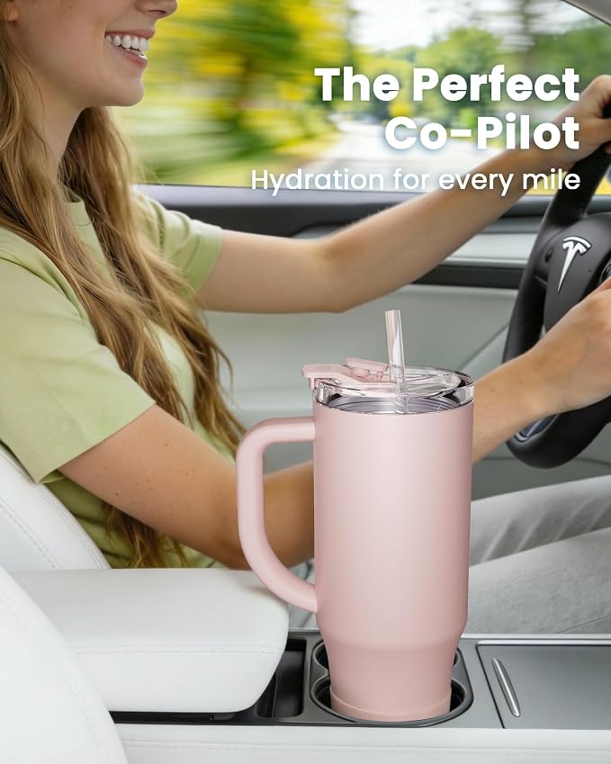 Renoj Insulated Mug 100% Leak Proof Insulated Water Bottle for Iced Coffee & Hot Drinks - Fits Car Cup Holder, Ideal Gift, 2 Straws & Silicone Boot - SnapShift Light Pink 32 oz - Image 2