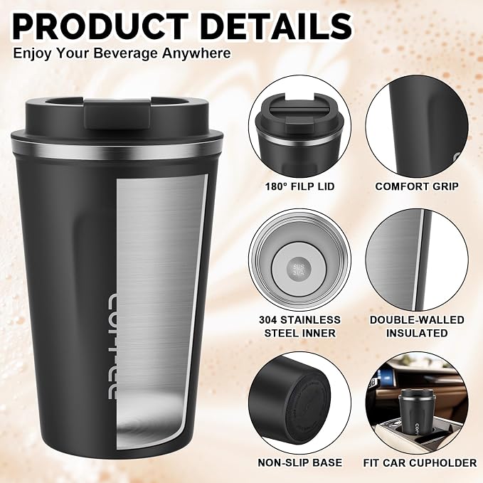 MOMSIV 12oz Travel Mug, Insulated Coffee Cup with Leakproof Lid, Vacuum Stainless Steel Double Walled Reusable Tumbler for Hot and Cold Water Coffee and Tea In Travel and Car Black - Image 3