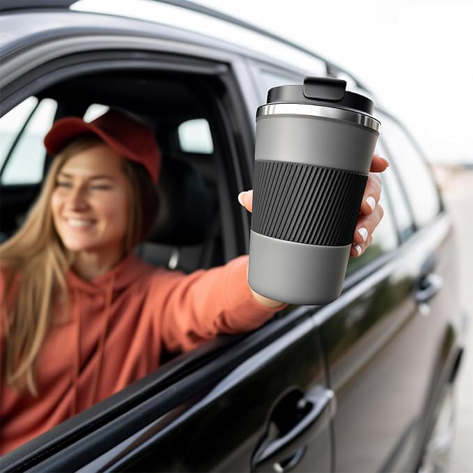 YINBAOGE Insulated Travel Coffee Mug, Spill & Leak Proof, Portable To Go Camping Stainless Steel Coffee Tumbler, Reusable Thermal Coffee Cup with Lid for Hot & Cold Drinks (Grey, 12 OZ) - Image 6