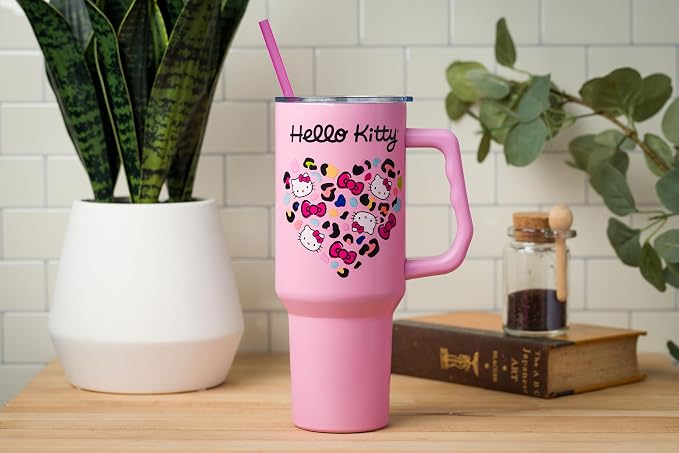Silver Buffalo Sanrio Hello Kitty Leopard Jungle Cat Print and Bows Heart Stainless Steel Tumbler with Handle and Straw, Fits in Standard Cup Holder, 40 Ounces (Pack of 12) - Image 2