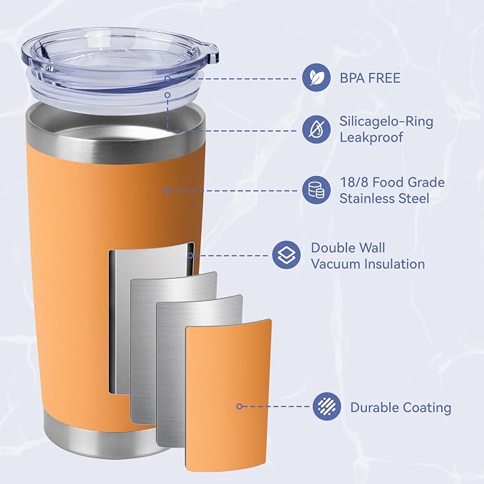 HASLE OUTFITTERS 20oz Stainless Steel Tumblers Bulk, Insulated Travel Cup with Lid, Double Wall Vacuum Coffee Mug for Cold & Hot Drinks 8 Pack, Orange - Image 2