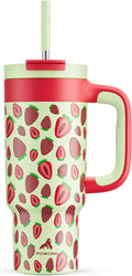 24 oz Metal Tumbler Cup for Girls: Easy Grip Handle, Leak-Proof when Sealed, Easy to Clean, Double Wall Vacuum Cup for Home, School, Daycare, Party, Picnic, Hiking, Travel, Gift (Strawberry Pop) by POWCAN