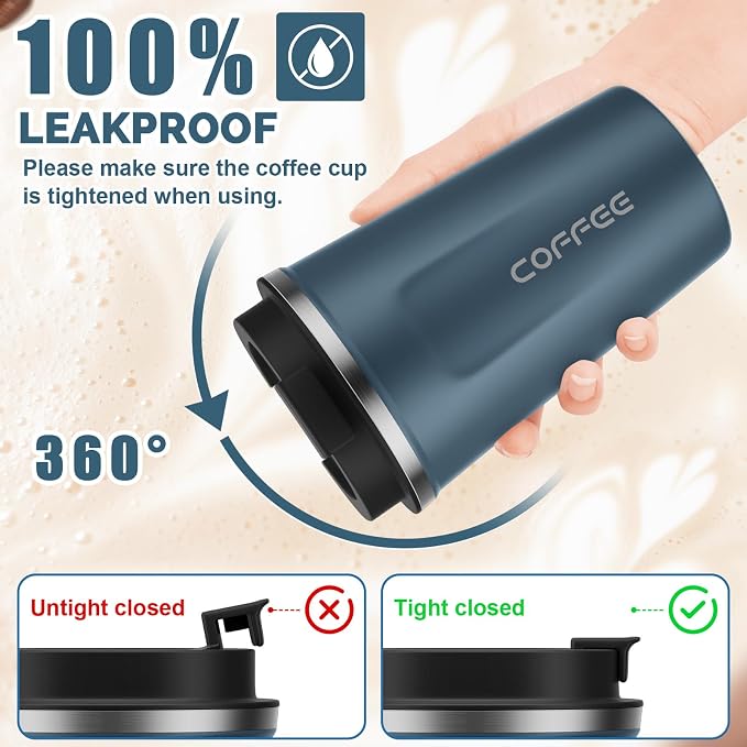 MOMSIV 12oz Travel Mug, Insulated Coffee Cup with Leakproof Lid, Vacuum Stainless Steel Double Walled Reusable Tumbler for Hot and Cold Water Coffee and Tea In Travel and Car Blue - Image 4
