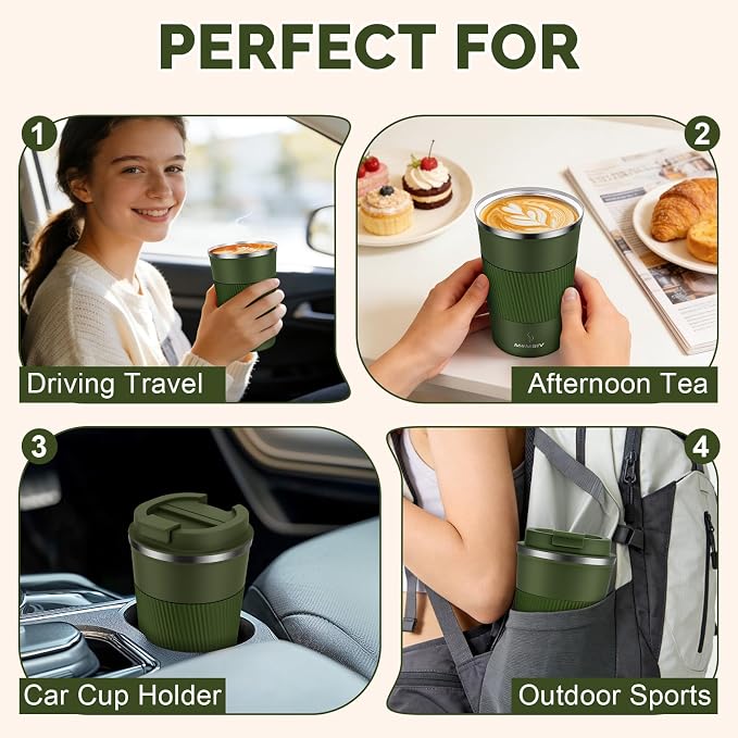 MOMSIV 12oz Travel Mug, Insulated Coffee Cup with Leakproof Lid, Vacuum Stainless Steel Double Walled Reusable Tumbler for Hot and Cold Water Coffee and Tea In Travel and Car Armygreen 380ML - Image 7