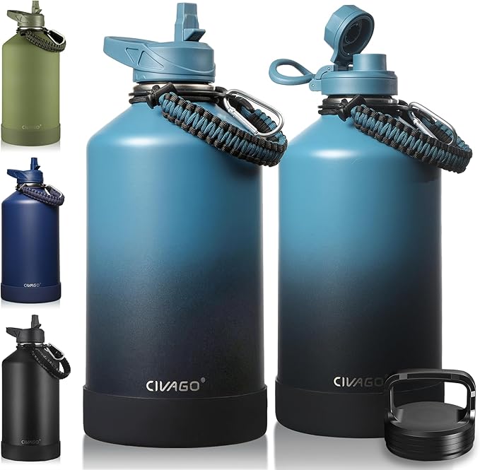 CIVAGO Gallon Insulated Water Bottle Jug with Straw, 128 oz Large Stainless Steel Water Flask, Big Metal Thermal Mug with 3 Lids for Sports, Travel, Gym, and Camping, Indigo Black by CIVAGO