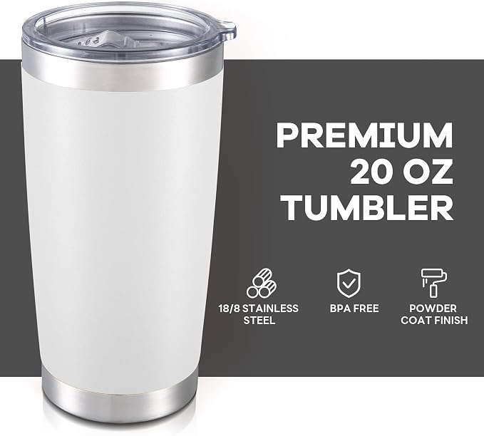 20 oz Tumbler with Lid Stainless Steel Double Wall Vacuum Insulated Tumblers Powder Coated Cups Travel Mug Keep Drinks Cold and Hot, White - Image 2
