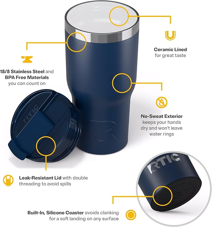 RTIC 20oz Essential Tumbler with Lid, Ceramic Lined, Insulated, Stainless Steel, Metal, Double Wall Vacuum-Insulation, Travel Cup for Iced Coffee, Tea, Hot and Cold Drink, Navy - Image 4