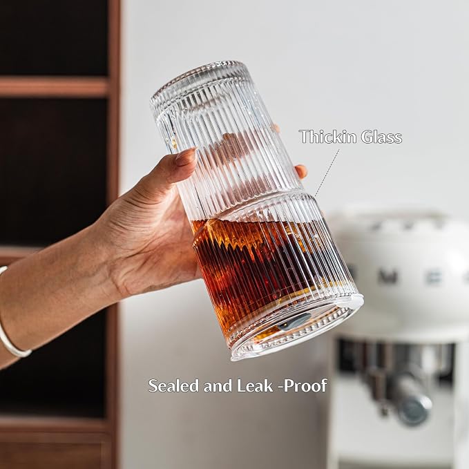 INSETLAN 20 oz Ribbed Glass Tumblers with Lids and Glass Straws – 4-Piece Glassware Set, Thickened Wall, Ideal for Iced Coffee, Smoothies, Cocktails, and Juices – Elegant and Durable Drinkware - Image 5