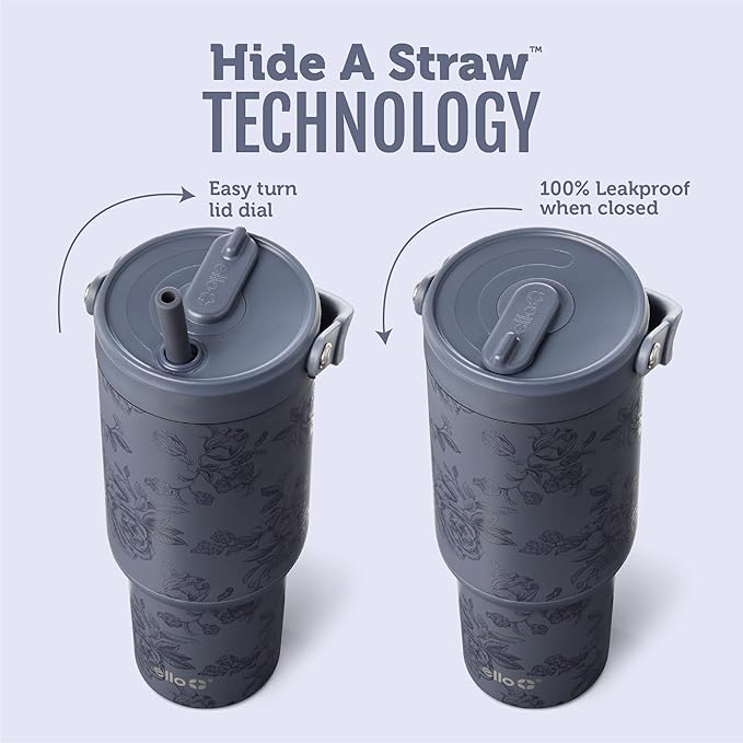 Ello Oasis Go+ 26oz Tumbler with Top Handle and Retracting Straw | Reusable Insulated Stainless Steel Cup, 100% Leakproof Water Bottle, 24 Hours Cold, Cup Holder Friendly For Travel | Rose Navy - Image 2