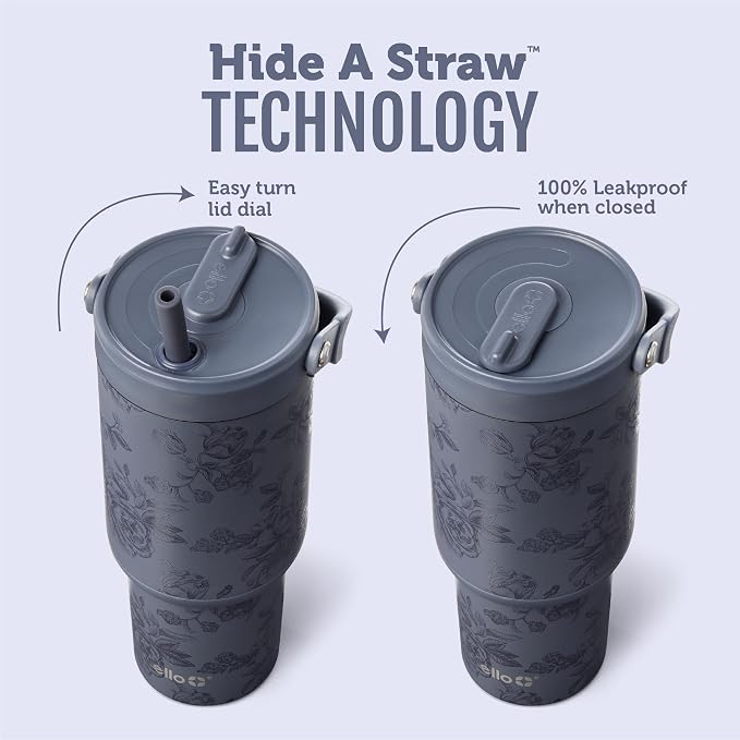Ello Oasis Go+ 32oz Tumbler with Top Handle and Retracting Straw | Reusable Insulated Stainless Cup, 100% Leakproof Water Bottle, 24 Hours Cold, Cup Holder Friendly For Travel | Porcelain Rose Navy - Image 2