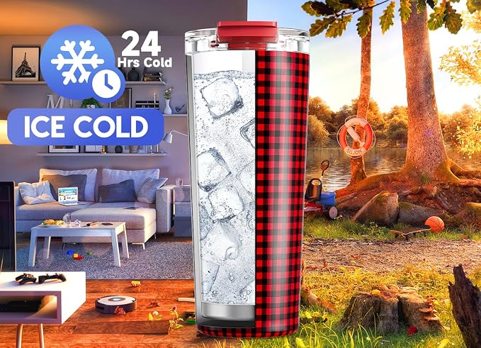 Meoky 24 oz Travel Coffee Mug with Leak-proof Lid, Stainless Steel Insulated Coffee Tumbler, Keeps Hot for 8 Hours or Cold for 24 Hours, Fits in Car Cup Holder (Crimson Plaid) - Image 4