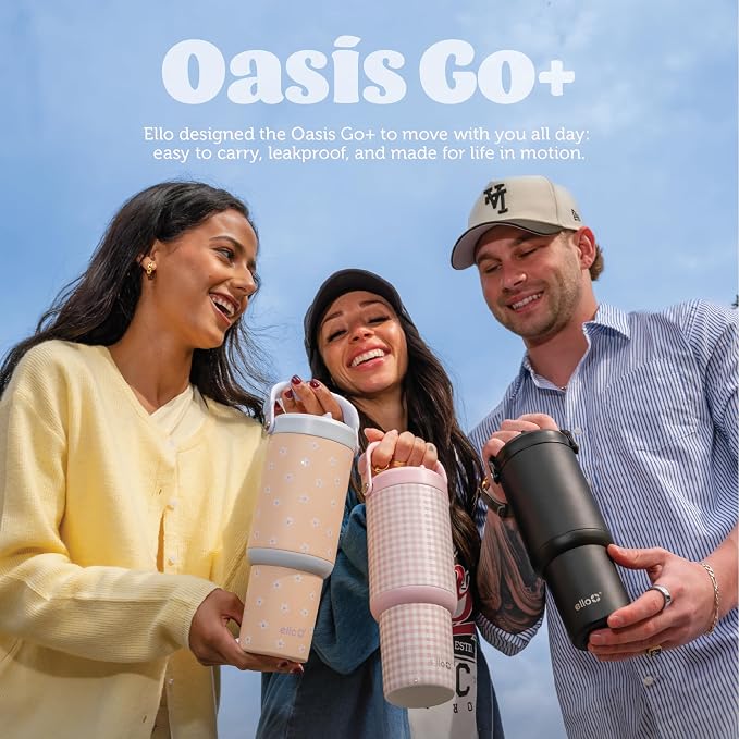 Ello Oasis Go+ 26oz Tumbler with Top Handle and Retracting Straw | Reusable Insulated Stainless Steel Cup, 100% Leakproof Water Bottle, 24 Hours Cold, Cup Holder Friendly For Travel | Daisies - Image 8