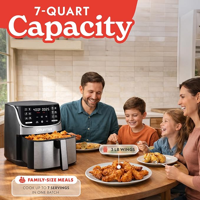 Gourmia Air Fryer - 7 Qt Capacity, LED Display, 12 One-Touch Presets, FryForce 360° Technology, Nonstick Dishwasher-Safe Basket & Crisper Tray, Stainless Steel - Image 8