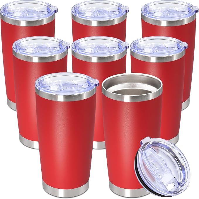20oz Tumbler Bulk Stainless Steel Tumbler Cup with Lid Vacuum Insulated Double Wall Travel Mug, Durable Powder Coated Travel Coffee Tumbler Mug for Hot & Cold Drinks, Red,8 Pack by AUWBON