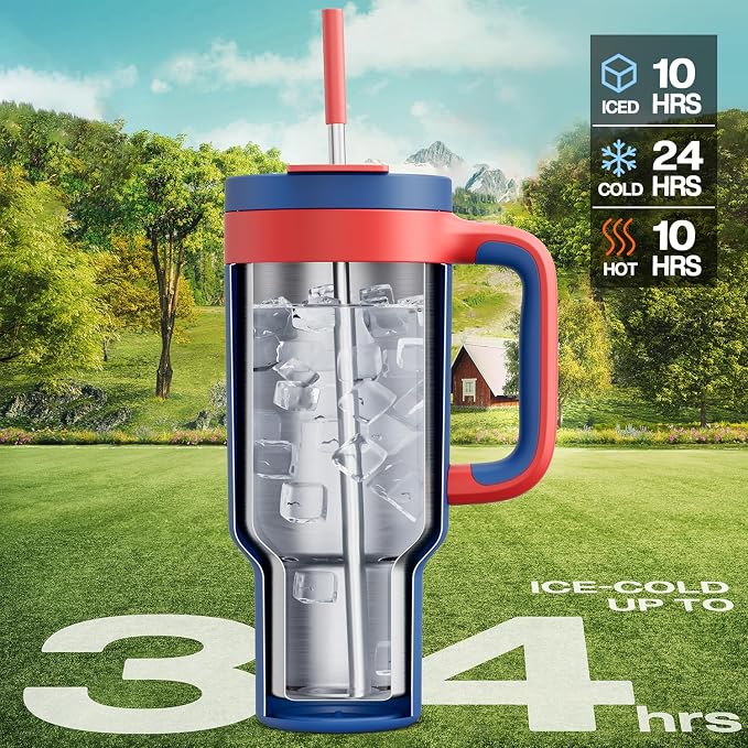 POWCAN 40 oz Tumbler with Handle, 2-in-1 Metal Straw and Sip Lid, Leakproof, Dishwasher Safe, Insulated Stainless Steel Travel Coffee Mug, Keeps Cold for 34 Hours, Fits in Car Cup Holder (Heroic) - Image 2