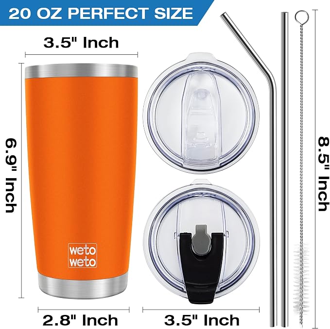WETOWETO 20oz Insulated Stainless Steel Tumbler, Double Wall Vacuum Leak-proof Travel Coffee Mug, Powder Coated Water Cup (Orange, 1 Pack) - Image 3