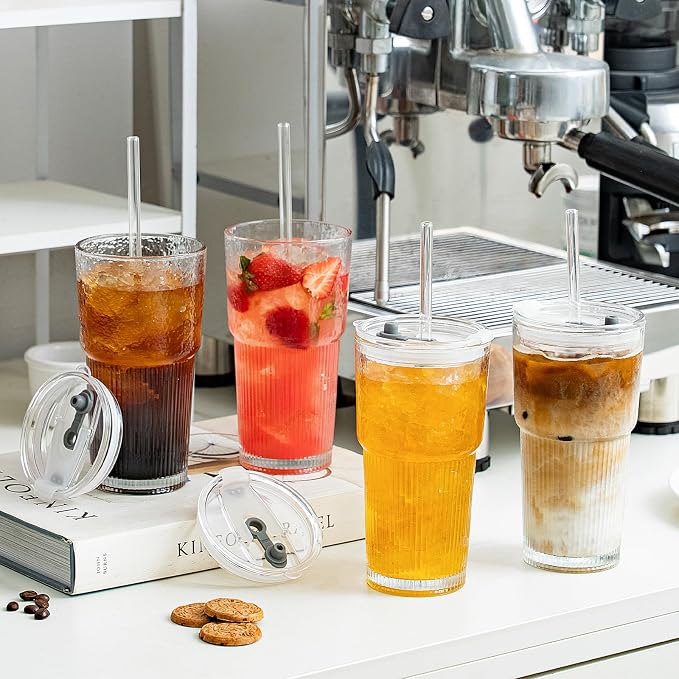 20oz Glass Tumblers with Lids and Straws, Set of 4 - Stylish Ribbed Design Drinking Glasses for Iced Coffee Cups, Juice, Smoothies, Cold Beverages, Includes Cleaning Brush, Durable Glassware - Image 2