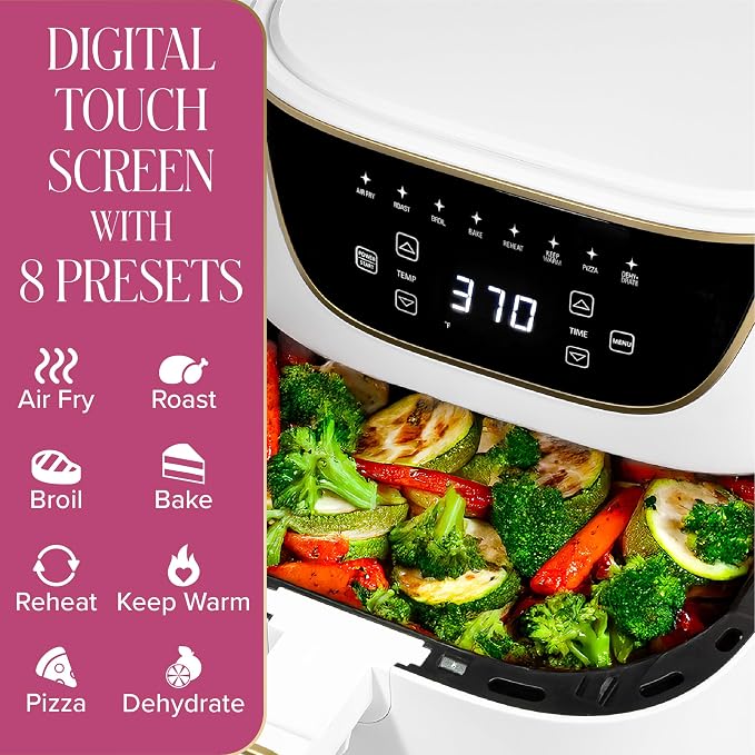 Paris Hilton 6-Quart Air Fryer, Nonstick Basket Made Without PFAS, Touchscreen, 8-in-1 (Fry, Roast, Broil, Bake, Reheat, Keep Warm, Pizza, Dehydrate), Dishwasher Safe Basket and Crisping Tray, White - Image 3
