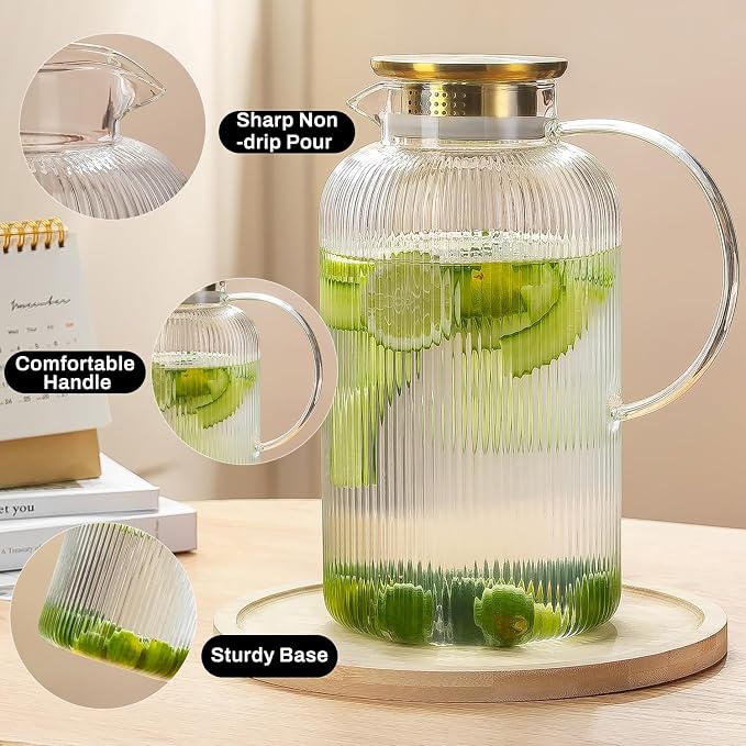 Buaic Glass Pitcher with Lid, 100 oz/ 3 Liter Classic Vertical Stripes Water - Image 3