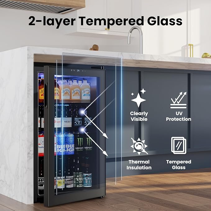 Yeego Beverage Refrigerator, 130 Can Mini Fridge with Glass Door, Adjustable Shelves, Digital Temperature Control 34°F-54°F, Drink Cooler for Soda, Beer and Wine, Freestanding or Under Counter, Black - Image 4