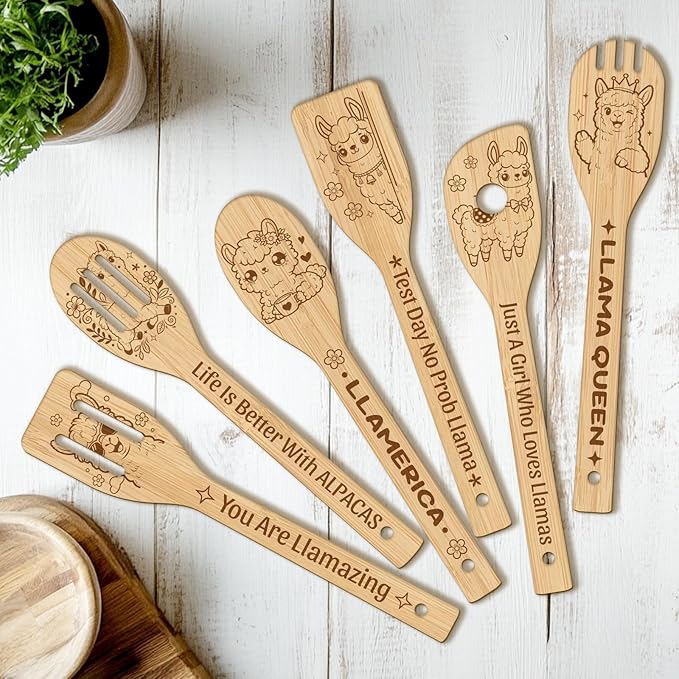 CUTHOLLOW 6PCS Alpacas Wooden Kitchen Cooking Utensil Set, 11.9in Non Toxic by CUTHOLLOW