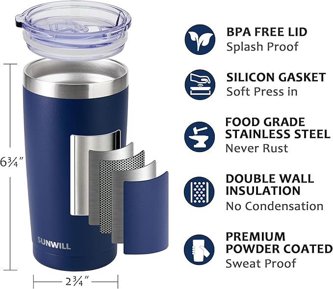 SUNWILL Travel Coffee Tumbler 20 oz, Insulated Mug with Lid, Stainless Steel Cup for Outdoor, Powder Coated Navy - Image 2