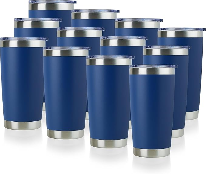 DOMICARE 20oz Stainless Steel Tumbler Bulk with Lid, Double Wall Vacuum Insulated Travel Mug, Powder Coated Coffee Cup, Dark Blue, 12 Pack by VisittheDOMICARE