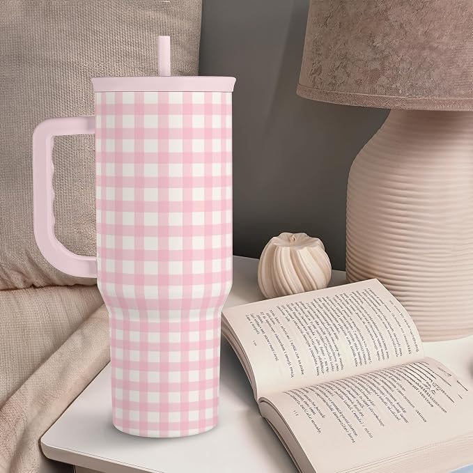 Pink Gingham 40oz Slider Tumbler with Handle and Straw - Insulated Stainless Steel Travel Coffee Mug for Women Girls, Gift for Birthday, Christmas - Image 8