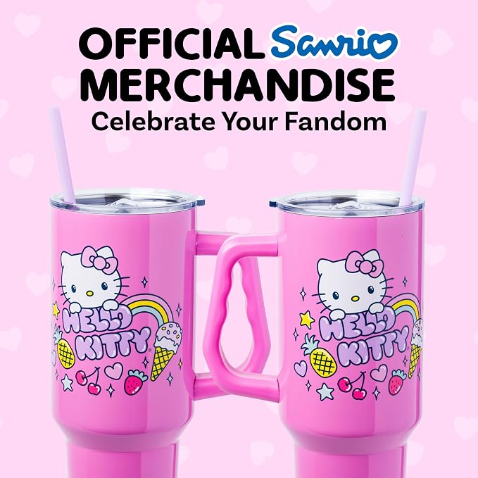 Silver Buffalo Sanrio Hello Kitty Summer Double Walled Stainless Steel Tumbler with Handle, Fits in Standard Cup Holder, 40 Ounces - Image 6