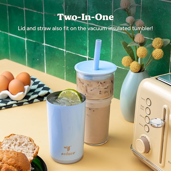 REDUCE Aspen 20 oz Vacuum Insulated Glass Tumbler with Lid & Extra Wide Straw - Keeps Drinks Cold for 12 Hrs - Ideal for Iced Coffee, Smoothies & Boba - Dishwasher Safe, Soft Base - Glacier - Image 4