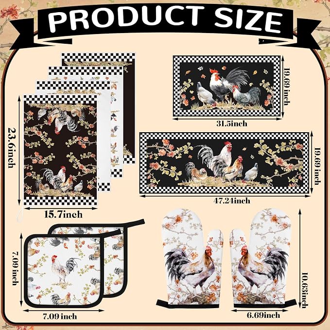 Fourluoo 10 Pcs Rooster Kitchen Dish Towels Rugs Oven Mitts and Pot Holders Set - Image 3