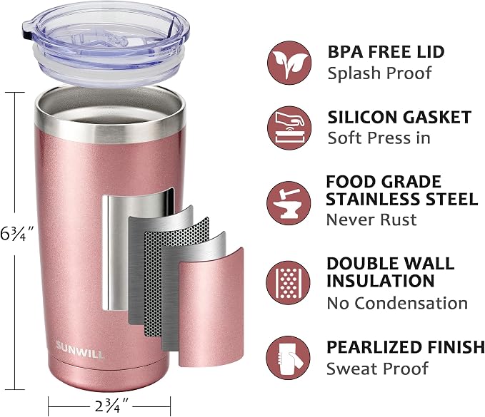 SUNWILL Travel Coffee Mug Set of 2, 20 oz Tumbler with Lid, Insulated Stainless Steel Cup for Water, Tea, Ice, Rose Gold & Cool Grey - Image 2