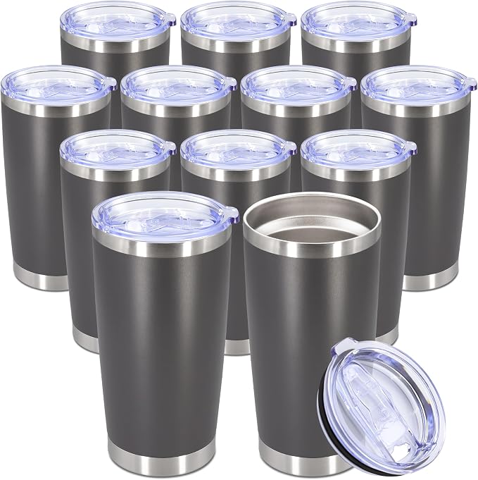 20oz Tumbler Bulk Stainless Steel Tumbler Cup with Lid Vacuum Insulated Double Wall Travel Mug, Durable Powder Coated Travel Coffee Tumbler Mug for Hot & Cold Drinks, Grey,12 Pack by AUWBON