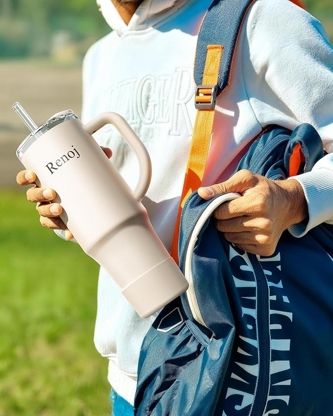 Renoj Insulated Mug 100% Spill Resistant Insulated Water Bottle for Iced Coffee & Hot Drinks - Fits Car Cup Holder, Ideal Gift, 2 Straws & Silicone Boot - FlexSlide White 32 oz - Image 5