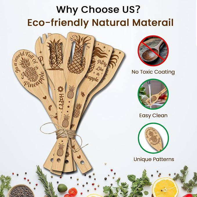 CUTHOLLOW 6PCS Happy as a Pineapple Wooden Kitchen Cooking Utensil Set - Image 3