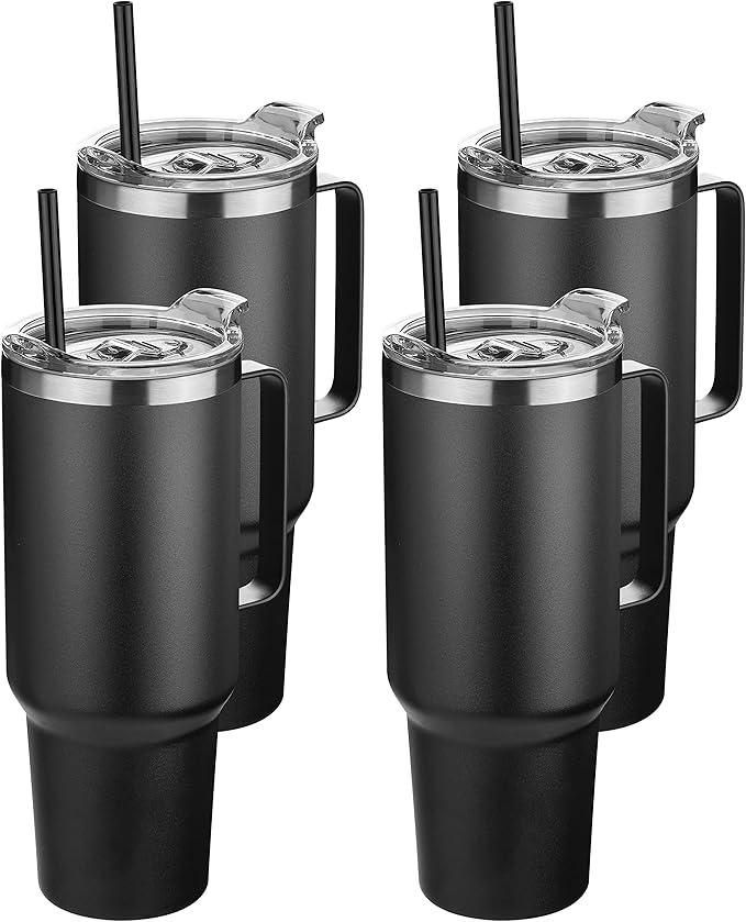 HASLE OUTFITTERS 40 oz Stainless Steel Tumbler with Handle, Vacuum Insulated Tumblers Bulk, Reusable Double Wall Travel Coffee Mug, Durable Powder Coated Water Bottles(Black, 4) by HASLEOUTFITTERS