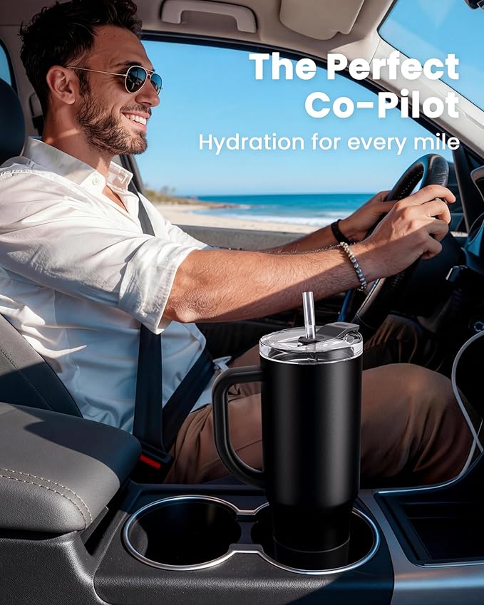 Renoj Insulated Mug 100% Leak Proof Insulated Water Bottle for Iced Coffee & Hot Drinks - Fits Car Cup Holder, Ideal Gift, 2 Straws & Silicone Boot - SnapShift Black 40 oz - Image 2