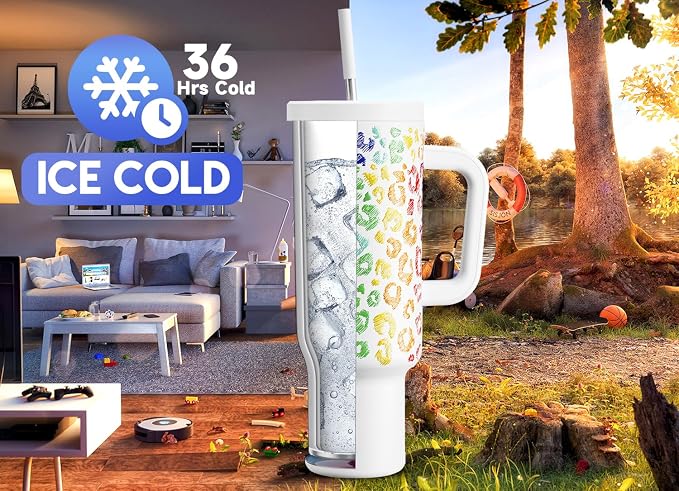 Meoky 50 oz Tumbler with Handle, Tumbler with Lid and Straw, Insulated Stainless Steel Travel Mug, 100% Leak-proof, Keeps Cold for 36 Hours or Hot for 12 Hours (Kiss) - Image 2