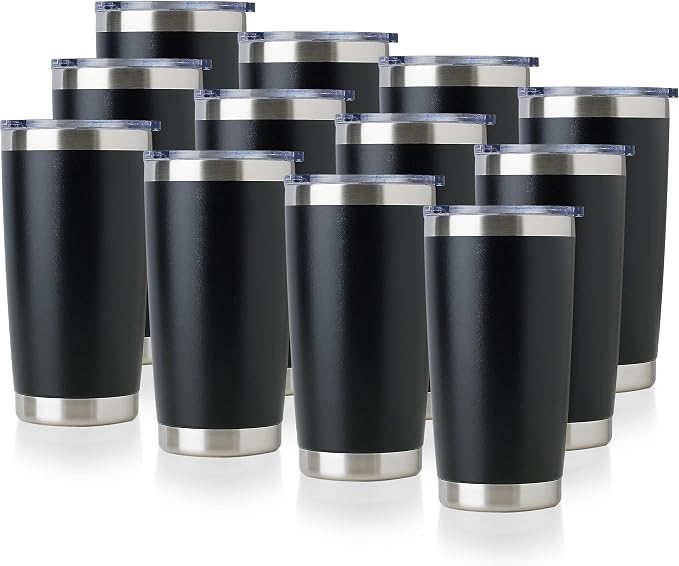 DOMICARE 20oz Stainless Steel Tumbler Bulk with Lid, Double Wall Vacuum Insulated Travel Mug, Powder Coated Coffee Cup, Powder Black, 12 Pack by VisittheDOMICARE