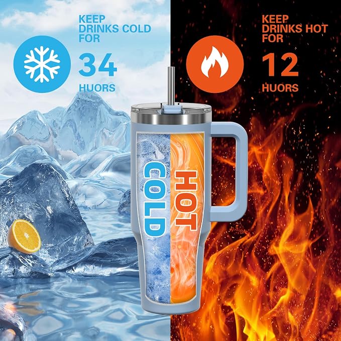 30 oz Tumbler with Handle,Tumbler with Lid and Straw,Double Wall Insulated Cup Stainless Steel Travel Mug(Cold for 34 Hours),Water Bottle for Iced Tea,Coffee,Cold Beverages(Smog Blue) - Image 2