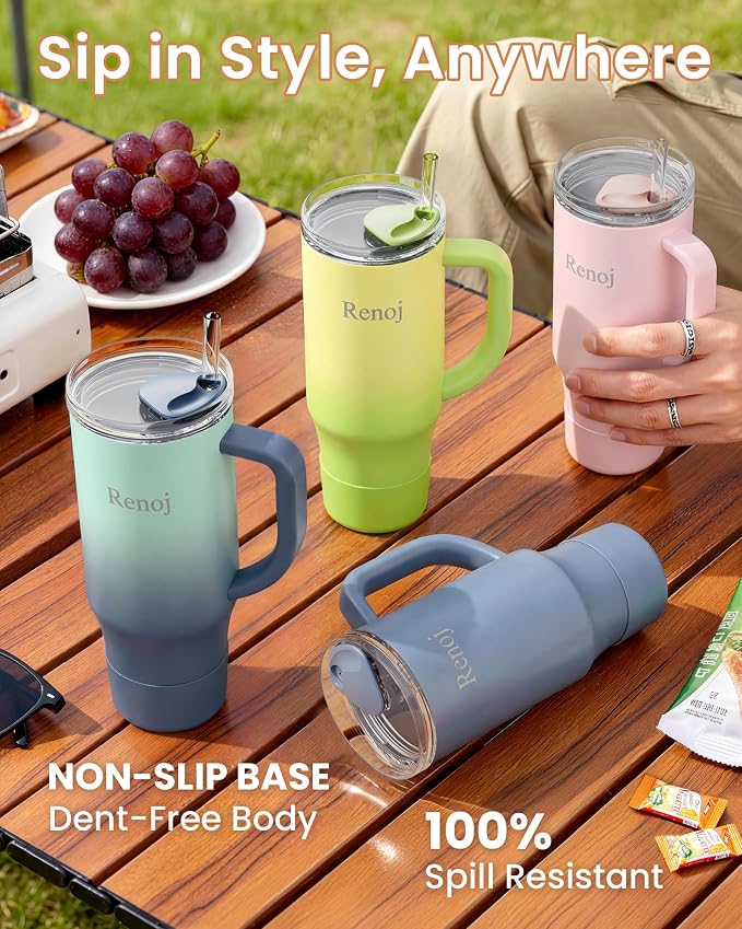 Renoj Insulated Mug 100% Spill Resistant Insulated Water Bottle for Iced Coffee & Hot Drinks - Fits Car Cup Holder, Ideal Gift, 2 Straws & Silicone Boot - FlexSlide Light Pink 32 oz - Image 7