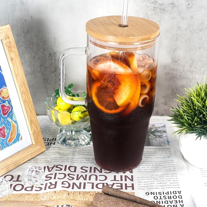 ANOTION Glass Cups with Lids and Straws - 40 Oz Tumbler with Handle and Straw Glass Water Bottles Drinking Glasses with Straws Iced Coffee Cups Travel Coffee Mug Smoothie Tumbler - Image 4