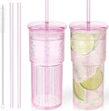 Luiaiog Glass Cups with Lids and Glass Straws, High Borosilicate 20OZ Pink Tumblers (2Pcs) for Coffee, Tea, Juice, Smoothies, Hot & Cold Drinks at Home/Office by Luiaiog