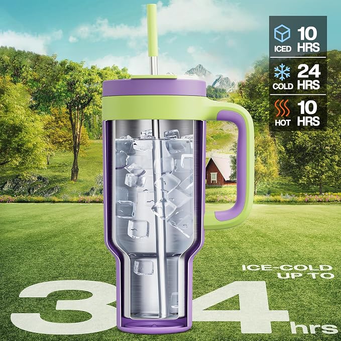 POWCAN 40 oz Tumbler with Handle, 2-in-1 Straw and Sip Lid, Leakproof, Dishwasher Safe, Insulated Stainless Steel Travel Coffee Mug, Keeps Cold for 34 Hours, Fits in Car Cup Holder (Wisteria) - Image 2