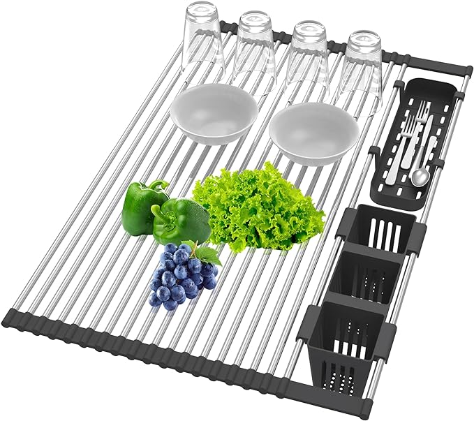 Extra Large Black Expandable Roll Up Dish Drying Rack Up to 25.1''with 2 - Image 2