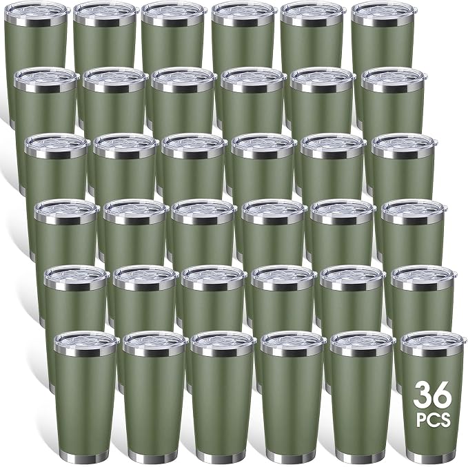 Sieral 36 Pack Stainless Steel Tumblers Bulk with Lids Double Wall Vacuum Insulated Coffee Cups Blank leakproof Powder Coated Tumblers for Engraving Wedding Graduation Party Favors(20 oz,Army Green) by Sieral