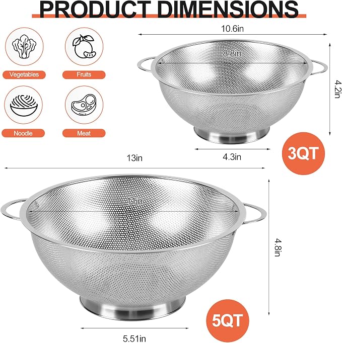 Kaishun Colander Stainless Steel 3-Quart, Strainer - Image 2