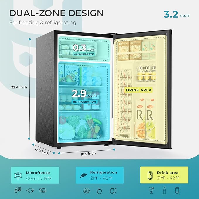 EUHOMY 3.2 Cu.Ft Mini Fridge with Freezer, Single Door Compact Refrigerator, Adjustable Thermostat, Mini Refrigerator Energy Saving, Mini fridge for Bedroom, Dorm, Office, Black - Image 2
